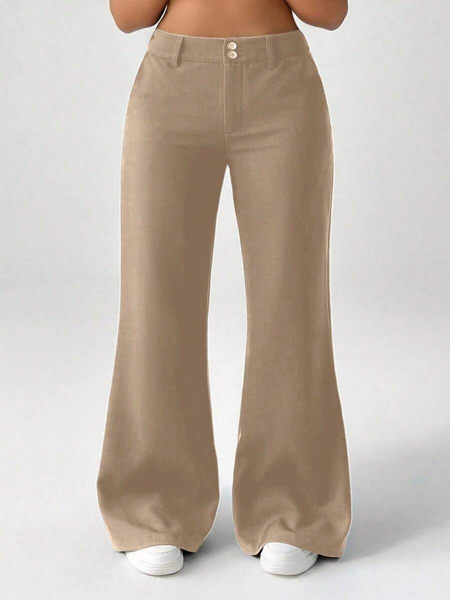 SHEIN EZwear 大码女式纯色口袋阔腿宽松休闲裤 - 卡其色 - 查看 1