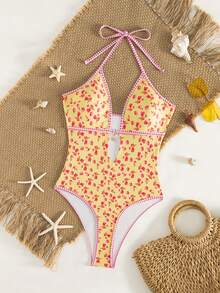 Swim Mod 2026 New Women's Summer Beach Vacation Plaid Floral Print Spaghetti Strap Hollow Back Sexy High Cut One-Piece Swimsuit - Multicolor - View 3