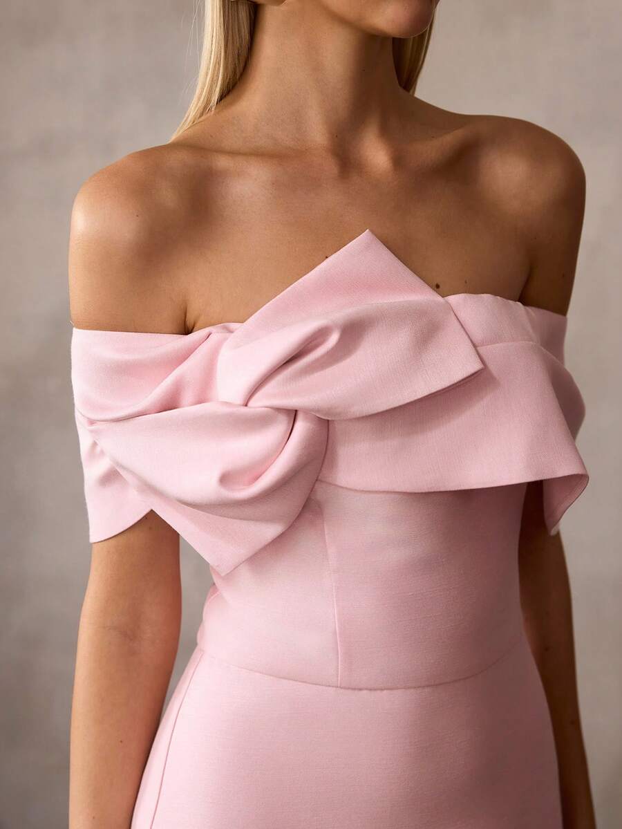 MOTF Soiréza WOMEN'S OFF THE SHOULDER EMBROIDERED SATIN PARTY EVENING DRESS, SPRING/SUMMER - Pink - View 2