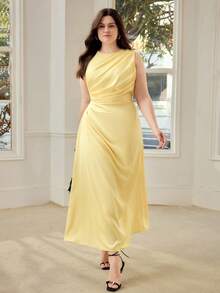 MOTF PREMIUM PLUS SIZE WOMEN'S PLEATED WAIST MIDI DRESS, SPRING/SUMMER - Light Yellow - View 6