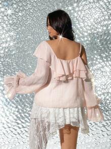 Viva Relle Plus Size Elegant Solid Color Ruffle Asymmetric Collar Long Sleeve Blouse - Pink - View 2