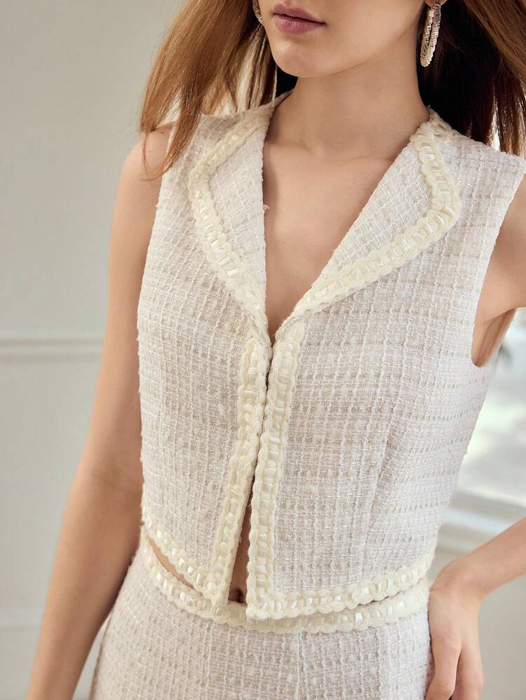 WOMEN'S TWEED CONTRAST BINDING SHORT VEST & GODET SKIRT 2 PIECES SET, SPRING/SUMMER