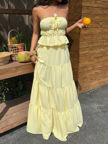 Sunnyshic 黄色泡泡褶皱抹胸上衣，系带设计，搭配低腰层叠荷叶边半裙，女士，春夏度假风波西米亚浪漫简约优雅百搭套装 - 黃色 - 查看 4