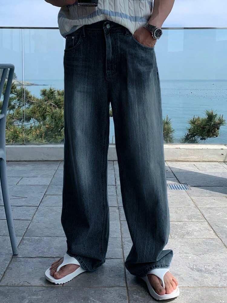 Men's Washed Vintage Black Denim Jeans, Spring