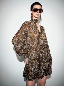 SHEIN Luminelle 复古法式系带A字连衣裙，显瘦 - 棕色 - 查看 3