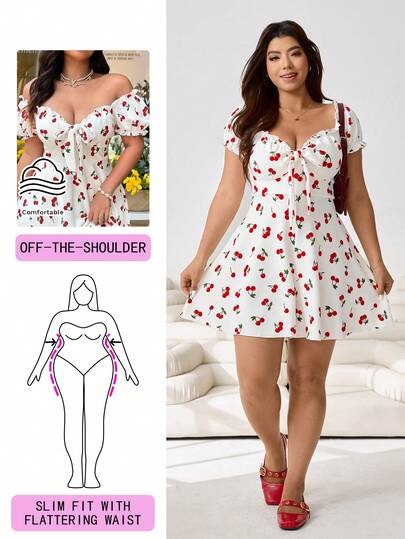 Solflare Spring/Summer New Casual Everyday Outfit, Suitable For Parties, Music Festivals, Back To School, Graduation, Vacation, Weddings, Streetwear, Exploring, City Walks, Multi-Occasion Wear, Can Be Worn Outerwear Or Layering, Princess Sleeves, One-Shoulder, Bow Decor, Loose Fit, White Base With Red Cherry Print, Cropped Jumpsuit, Plus Size