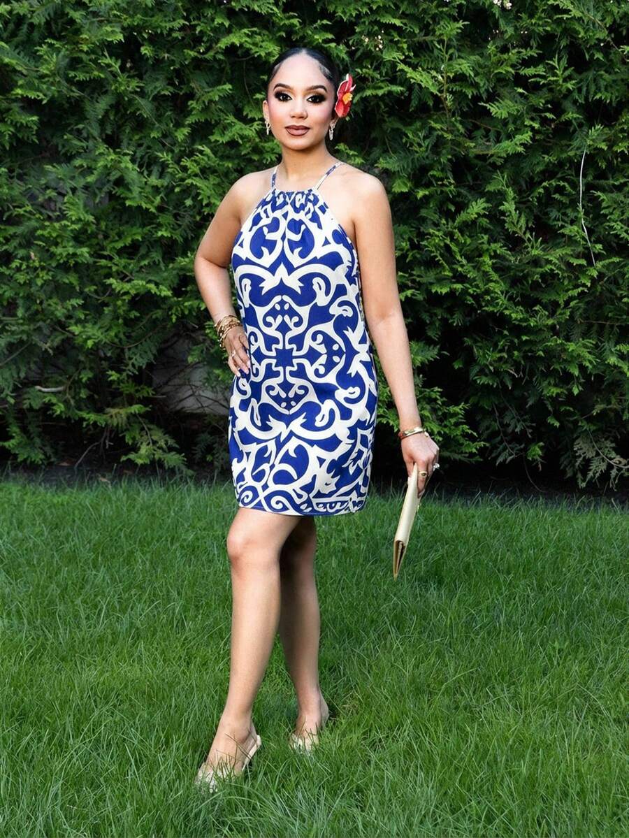 Melissa Matos Vacation Casual All-Over Print Halter Mini Dress Blue White Dress Blue Beach Dress Resort Wear Mediterranean Style Clothes Halter Neck Dress Blue And White Dress Mediterranean Dress, Mediterranean Style Dress,Casual Woman Style, Fall Outfits For Women, Chic Autumn,Going Out Outfit,Elegant Outfits,Country Style For Women,National Day, New Year Clothes, Going Out Outfit, Luxury Elegant Graduation Party - Blue and White - View 1