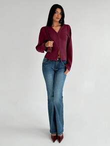 Aloruh 女士时尚法式复古V领落肩超大酒红色针织T恤女士长袖女士冬季上衣 - 酒紅色 - 查看 7