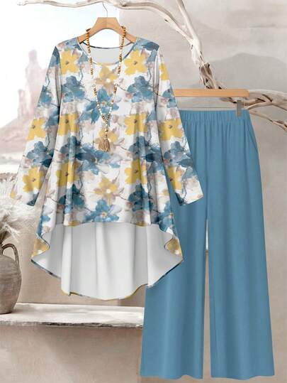 Lacomfia Watercolor Floral Digital Print Plus Size Women's Outfit, Spring Fashion Round Neck Long Sleeve Front Short Back Long Hem Loose Top & Pants 2-Piece Set