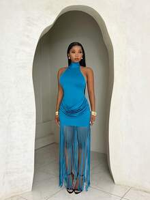 BamGleam Women's Sexy Vacation-Style Backless Lace-Up Blue Designer Camisole Dress - Blue - View 3