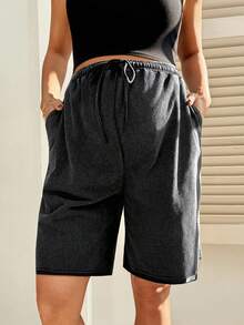 SHEIN Pantalones cortos casuales y versátiles para uso diario con cintura con cordón para maternidad - Negro - Ver 6