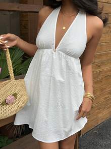 Sunnyshic White Cotton Crinkle Fabric Rose Decor Deep V Halter Backless Ruffle Mini Dress, Women's Spring/Summer Vacation Beach Bohemian Sweet Cute Wedding Guest Minimalist Versatile - White - View 6