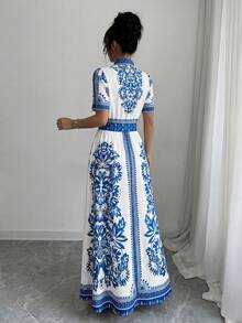 SHEIN Clasi Women's Floral Print Notched Neck Elegant Short Sleeve Dress,Summer Clothes,Summer Outfit For Women Long Dress Summer Women Long Boho Dress Maxi Vacation Dress Casual Long Dress Blue And White Dress Women  Summer Vacation Outfits Women Going Out Outfits - Blue and White - View 2