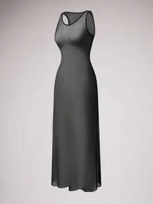 SuitURBody 女士纯色圆领无袖网眼紧身性感睡袍娃娃裙内衣外衣外出 - 黑色 - 查看 6