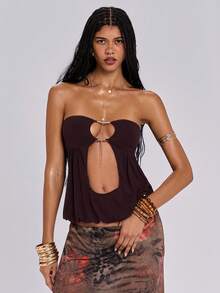 ROMWE Y2K Áo hai dây nữ màu trơn, đính kim loại, khoét rỗng, gợi cảm, đa năng, thích hợp cho hẹn hò và đi chơi. - màu nâu - Xem 6