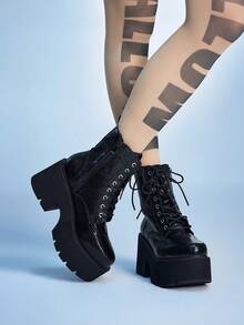 Sugerpunk 女士时尚百搭厚底坡跟系带踝靴 - 黑色 - 查看 5