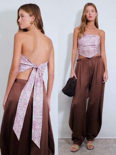 Nöista Women's Floral Print Asymmetrical Hem Fashionable Versatile Tube Top For Dates And Outings