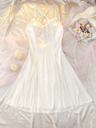 Plus Size Women Solid Color 3D Floral Decor Camisole Nightgown