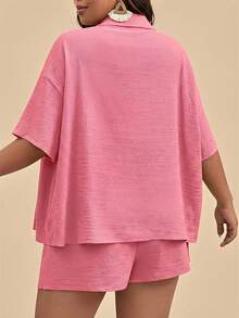 Travachic 大码女式纯色落肩单排扣衬衫和短裤休闲两件套 - 粉色 - 查看 2