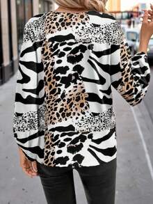SHEIN Clasi 女士豹纹V领长袖衬衫，优雅日常穿着，黑白 - 黑與白 - 查看 2