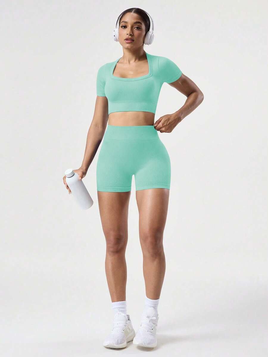 SHEIN Sovereign Charm Bộ 2 món + Bộ vest thông thường + Vải thấm hút mồ hôi/Vải dệt kim gân + Cổ vuông/Cơ bản/Xanh navy + Bộ đồ thể thao + Không đường may/Yoga - Màu xanh Bạc hà - Xem 1