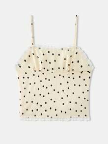 lacRébo Cream Dot Cami With Ruffled Lace Trim Spring Summer Holiday Top Polkadot Top Chic Top French Style Parisian Style Vacation Going Out Top - Apricot - View 6