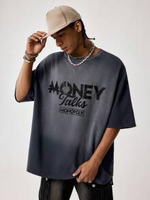 MONOPOLY X SHEIN 男士圆领字母印花休闲百搭日常短袖T恤 - 黑色 - 查看 7