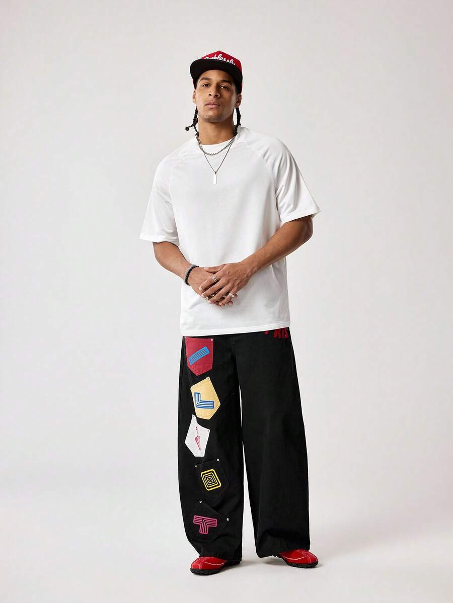 Tetris™ X SHEIN Men's Pocket Button Letter Graphic Casual Versatile Daily Wear Wide Leg Jeans - Black - View 1