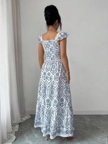 Elenzga Elegant Long Summer Dress With Woven Prints For Women - Blue - View 2