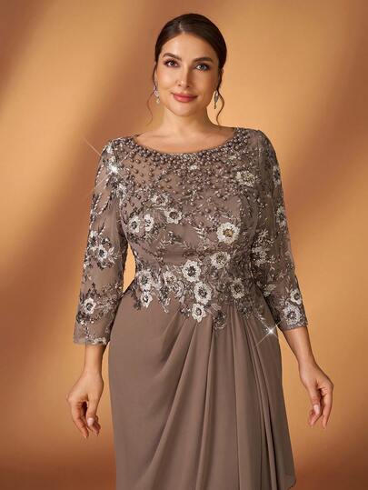 Serin 大码优雅浪漫圆领七分袖腰部贴花荷叶边下摆奢华刺绣雪纺连衣裙，适合婚礼、派对、正式晚宴、新娘母亲礼服