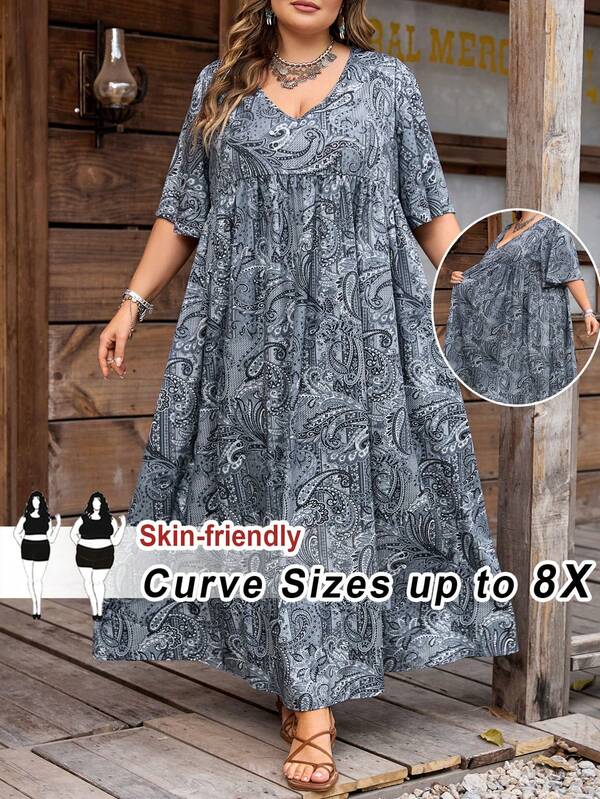 SHEIN CURVE+ Rochie tip baby doll pentru femei, mărimea US22, pentru festivaluri de muzică, vacanță la mare, stil boem, cu imprimeu floral, decolteu în V, mânecă scurtă, stil profesoară