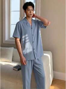 男士休闲纽扣短袖上衣和松紧腰长裤两件套家居服 - 藍色 - 查看 8