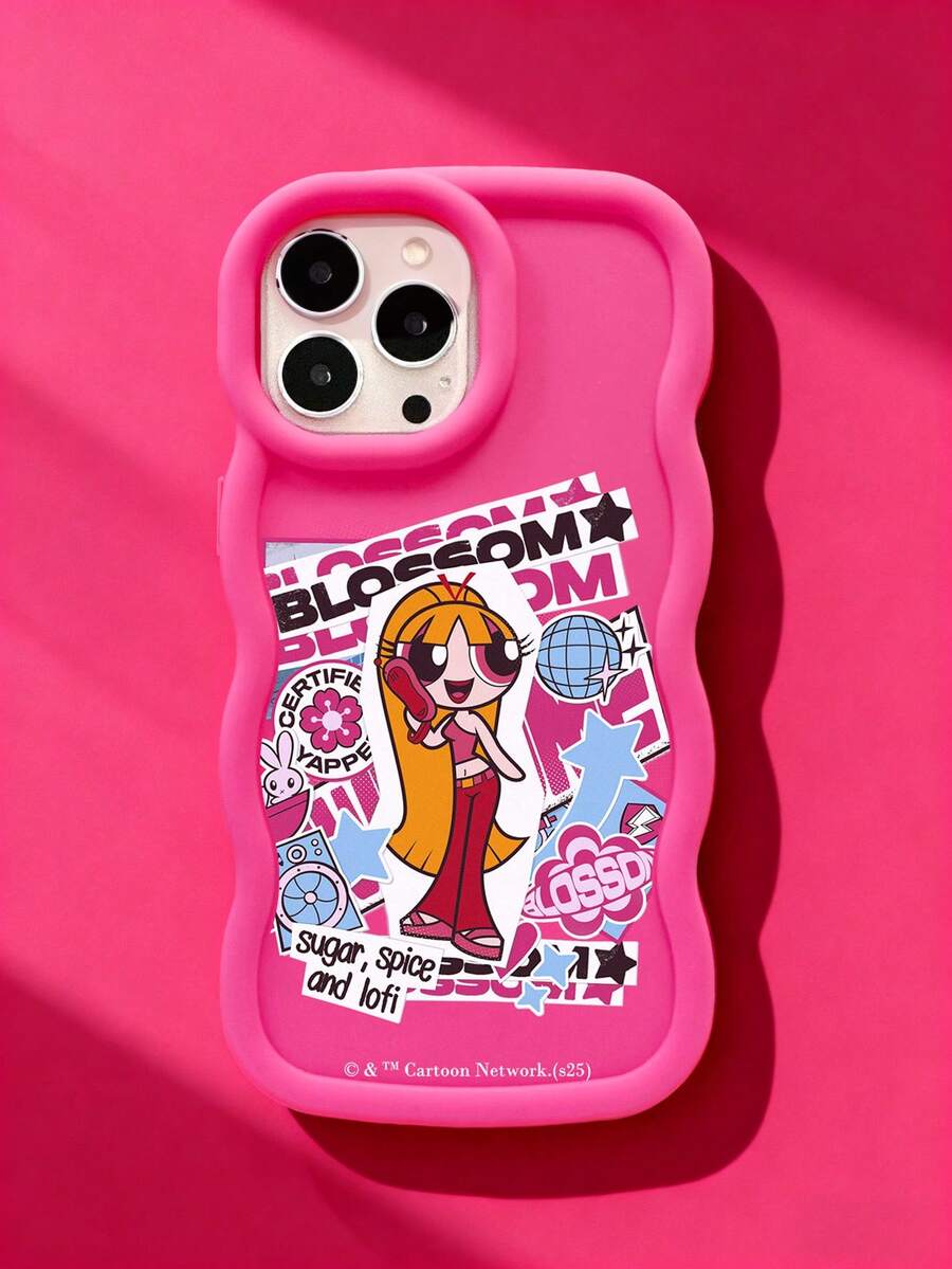 THE POWERPUFF GIRLS X SHEIN 飞天小女警洋红色磨砂硅胶手机壳，镜头保护防震保护套，复古拼贴卡通日常礼物配件，兼容iPhone和Galaxy手机壳 - 玫紅色 - 查看 1