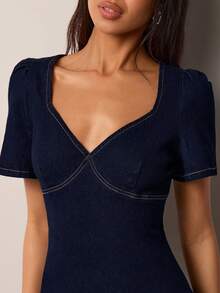 COSMINA 女士牛仔方领短袖心形领迷你连衣裙，休闲优雅通勤复古简约牛仔裙 - 藍色 - 查看 5