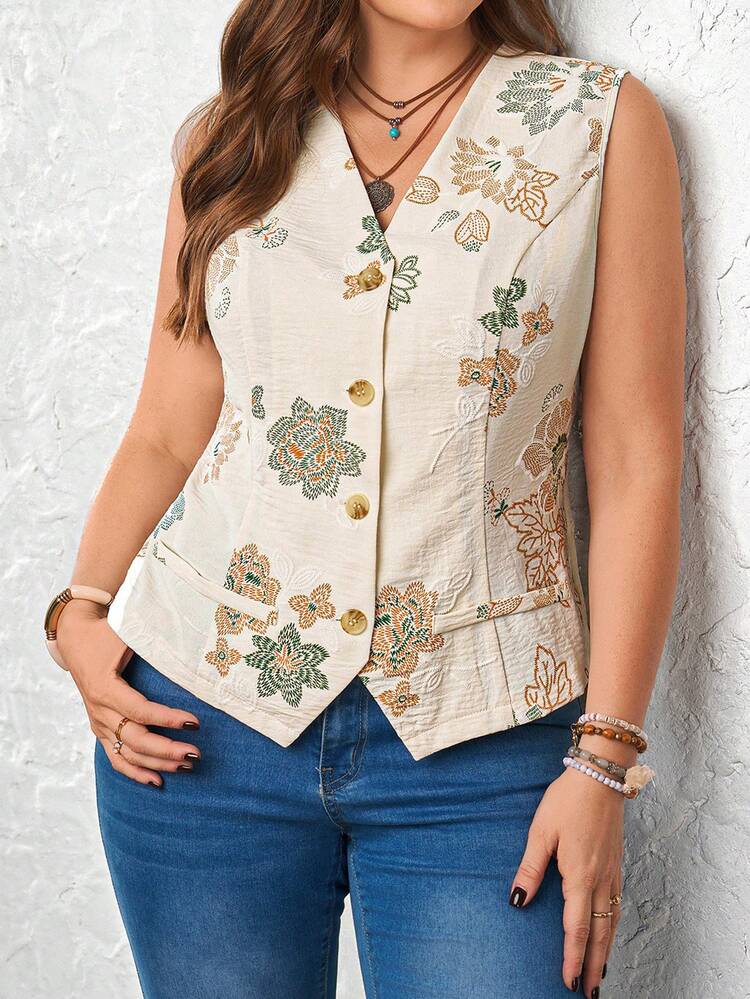 Plus Size Women's Summer Casual Vacation Country Western Style  Single-Breasted Imitation Embroidery Print Floral Print  Flowers Vest Jacket, Women Vest Autumn Winter Clothes For Women,Summer\Vacation,Summer Holiday,Spring Break Outfits ,Vacation Outfits Women ,Holiday Outfits For Women,Going Out Outfits,2026 New Clothes,Simple And Fashionable For Everyday Wear,Suitable For Summer, Vacation, Daily Wear