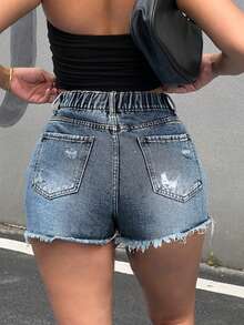 SHEIN ICON Damen Denim Shorts, lässige figurbetonte Rockshorts, blau - Dunkle Waschung - Übersicht 2