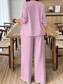Weeklong Plus Size Women's Spring/Summer Arched Color Block Ruffle Trim 2 Pieces Set Fall - Dusty Pink - View 2