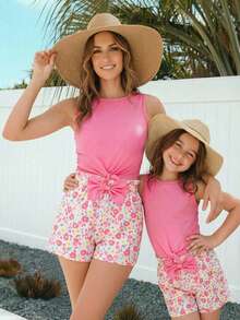 2pcs Young Girls Casual Sleeveless Top & Striped Shorts Set, Bow Design - Pink - View 3