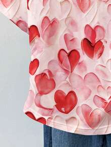 Mom And Me 复古甜美粉色渐变爱心印花图案，少女简约圆领收腰修身短袖T恤，春夏百搭 - 彩色 - 查看 6