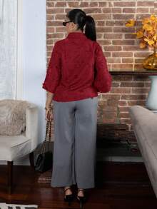Melissa Matos 3/4 Sleeve Olive Green Shirt, Simple Cut, Loose Fit, Classic Collar, Comfortable To Wear - Red - View 2