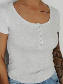 SAYEHFBABY Women Front Button Short Sleeve Casual Top, Everyday Wear Preppy Tops - Light Grey - View 3