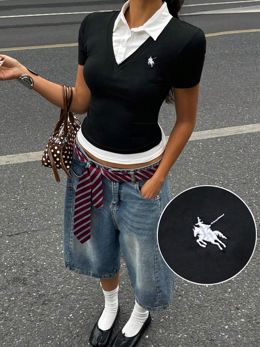 Coolane Women's Spring/Summer Streetwear Casual Homecoming Preppy Daily Wear Embroidered Patchwork Lapel Two Fake Pieces Bustier T-Shirt - Black and White - View 1