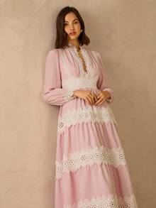 Enchnt Spring/Summer Romantic Women's Pink Floral Embroidery Lace Trim Long Sleeves Maxi Dress,Sweet&Elegant For Vacation&Date&Holiday&Going Out&Valentine's Day,Spring Outfit Women - Pink - View 5