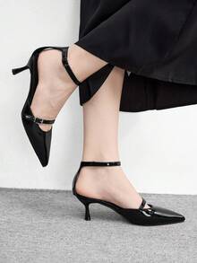 CUCCOO BIZCHIC 女士高跟鞋，简约高端黑色亮面高跟鞋，尖头双扣镂空细高跟鞋，春夏百搭职场约会鞋 - 黑色 - 查看 3