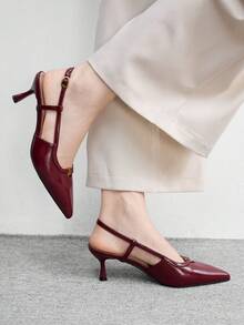 CUCCOO BIZCHIC Women's High-Heeled Shoes, Retro Burgundy Patent Leather High Heels, French Pointed Back Strap Gold Buckle Decorative Sandals, Spring And Summer Commuting Dating Elegant Shoes Spring Shoes - Burgundy - View 3