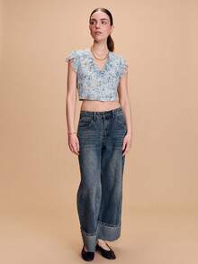lacRébo Blusa de gasa con estampado floral azul vintage, de manga corta con cuello de volantes, para primavera y verano - Azul - Ver 5