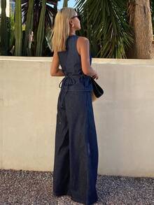 DAZY Women's Casual Washed Pleated Tie Strap Vest And Wide Leg Jeans Pants Suit, Spring/Summer - Blue - View 2