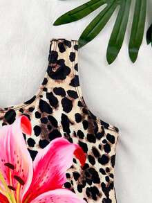 SHEIN 少女针织花卉图案吊带比基尼上衣 - 棕色 - 查看 4