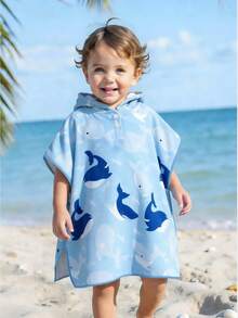Khăn choàng tắm có mũ trùm đầu in hình cá mập hoạt hình màu xanh dương dành cho bé trai sơ sinh/trẻ nhỏ, thích hợp làm đồ bơi, áo choàng tắm, khăn quấn đi biển, phụ kiện cần thiết cho đồ bơi, đồ dùng tắm. - Màu xanh lam - Xem 1