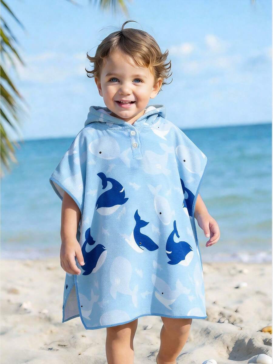 Khăn choàng tắm có mũ trùm đầu in hình cá mập hoạt hình màu xanh dương dành cho bé trai sơ sinh/trẻ nhỏ, thích hợp làm đồ bơi, áo choàng tắm, khăn quấn đi biển, phụ kiện cần thiết cho đồ bơi, đồ dùng tắm. - Màu xanh lam - Xem 1